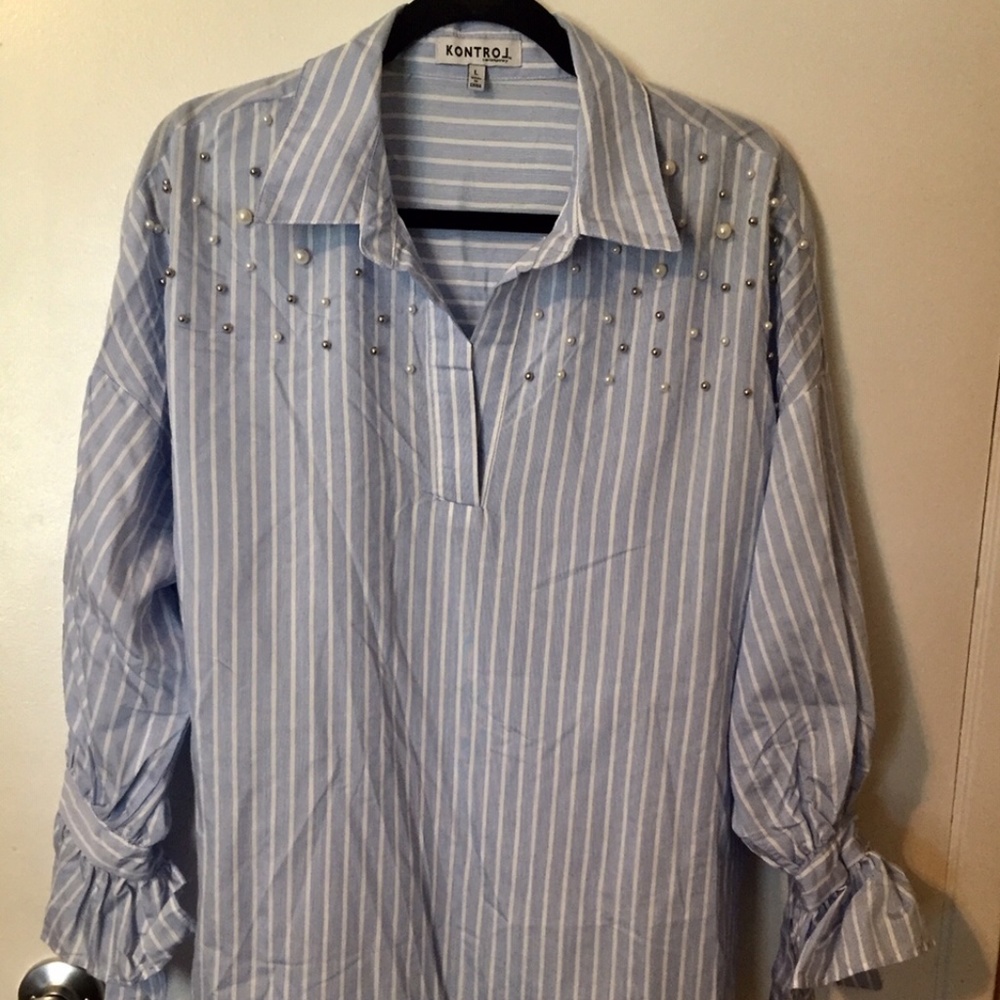 Stripped Collar Shirt w Pearls & sleeve Ties, Size L, New